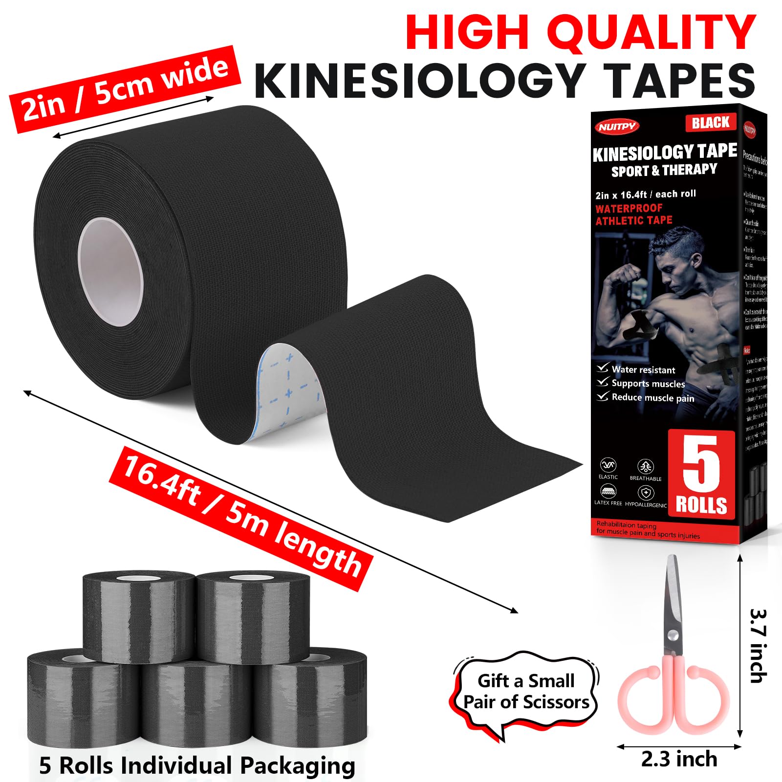 5 Rolls Kinesiology Tape, 2 inch x 16.4 Feet Waterproof Athletic Tape, Uncut Kinetic Tape, Muscle Tape, Sports Tape, Knee Tape for Exercise and Daily Use - Black