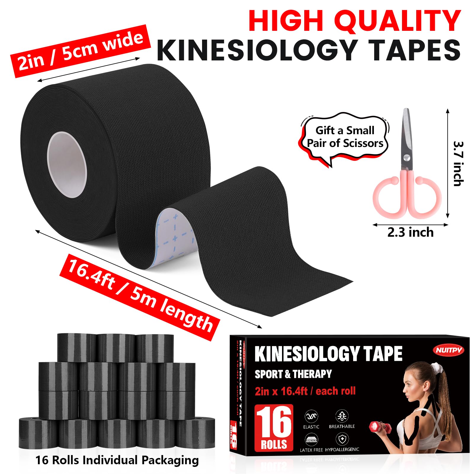5 Rolls Kinesiology Tape, 2 inch x 16.4 Feet Waterproof Athletic Tape, Uncut Kinetic Tape, Muscle Tape, Sports Tape, Knee Tape for Exercise and Daily Use - Black