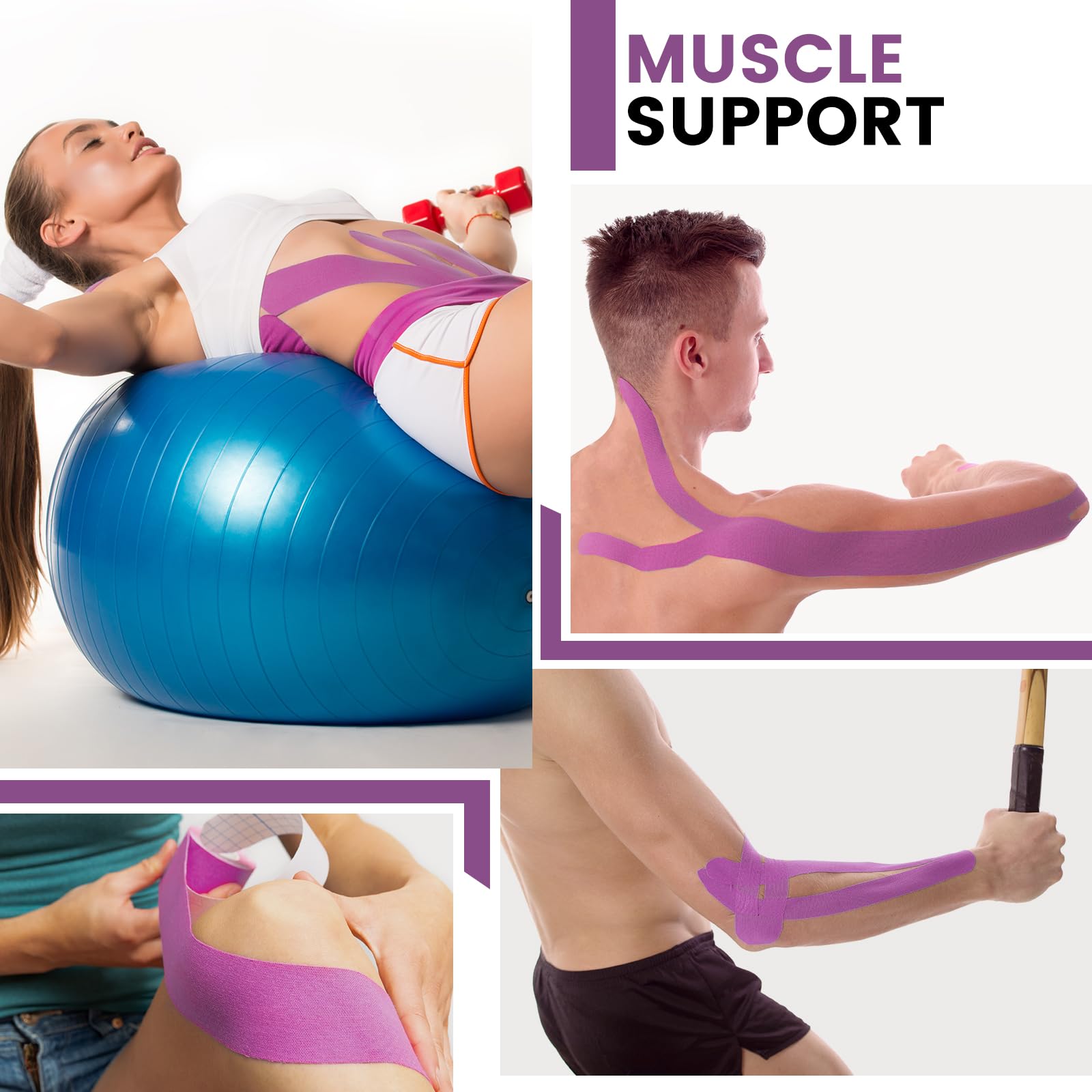 5 Rolls Kinesiology Tape, 2 inch x 16.4 Feet Waterproof Athletic Tape, Uncut Kinetic Tape, Muscle Tape, Sports Tape, Knee Tape for Exercise and Daily Use - Black