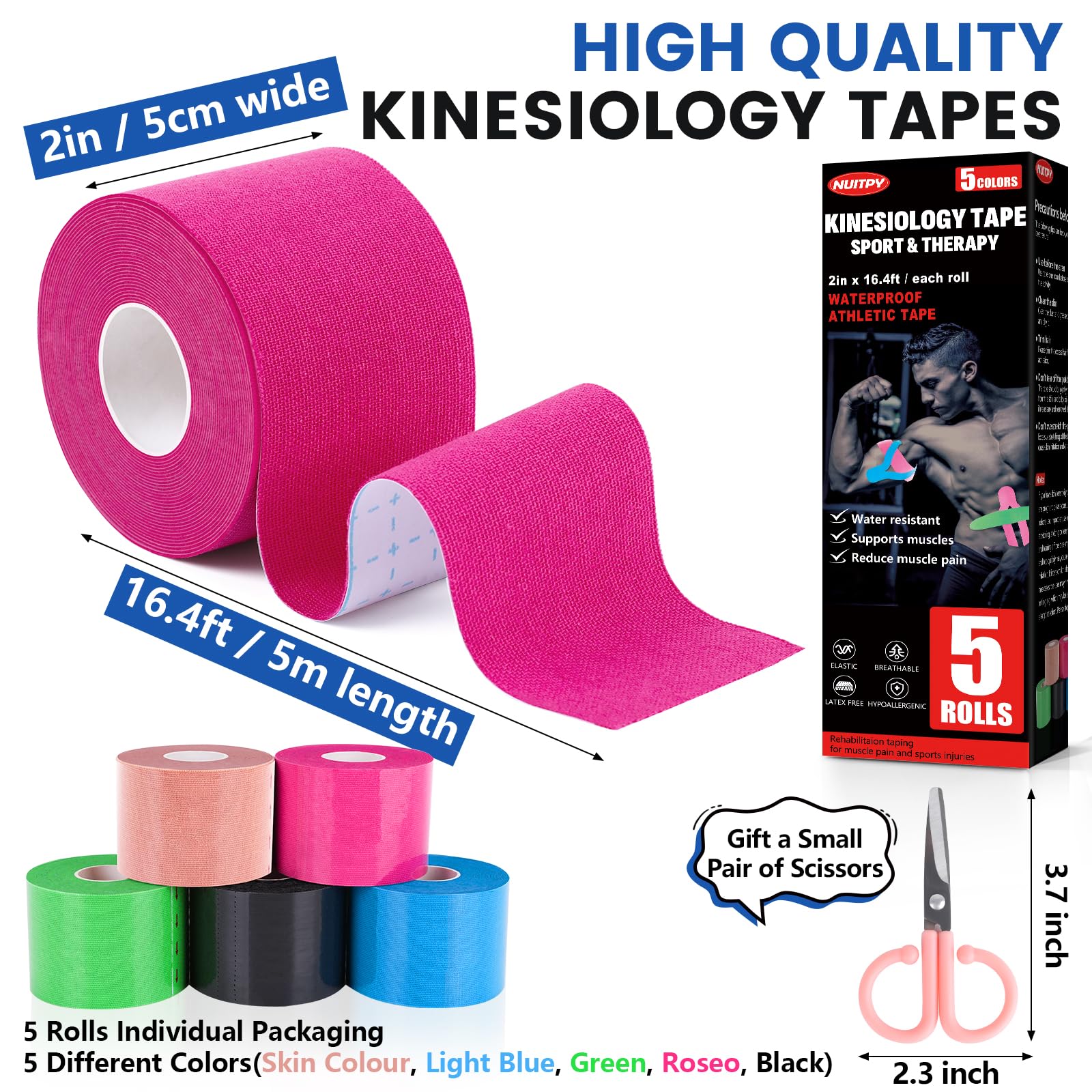 5 Rolls Kinesiology Tape, 2 inch x 16.4 Feet Waterproof Athletic Tape, Uncut Kinetic Tape, Muscle Tape, Sports Tape, Knee Tape for Exercise and Daily Use - Black