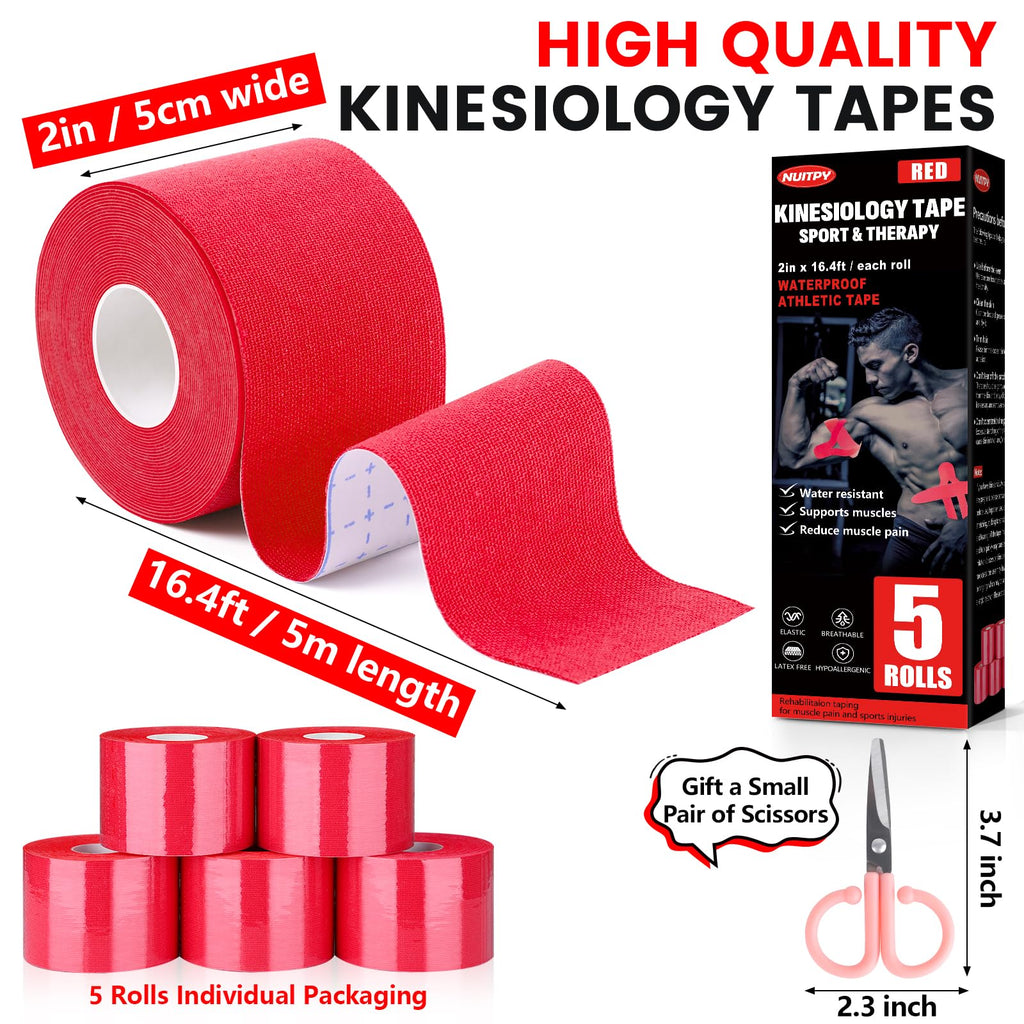 5 Rolls Kinesiology Tape, 2 inch x 16.4 Feet Waterproof Athletic Tape, Uncut Kinetic Tape, Muscle Tape, Sports Tape, Knee Tape for Exercise and Daily Use - Black