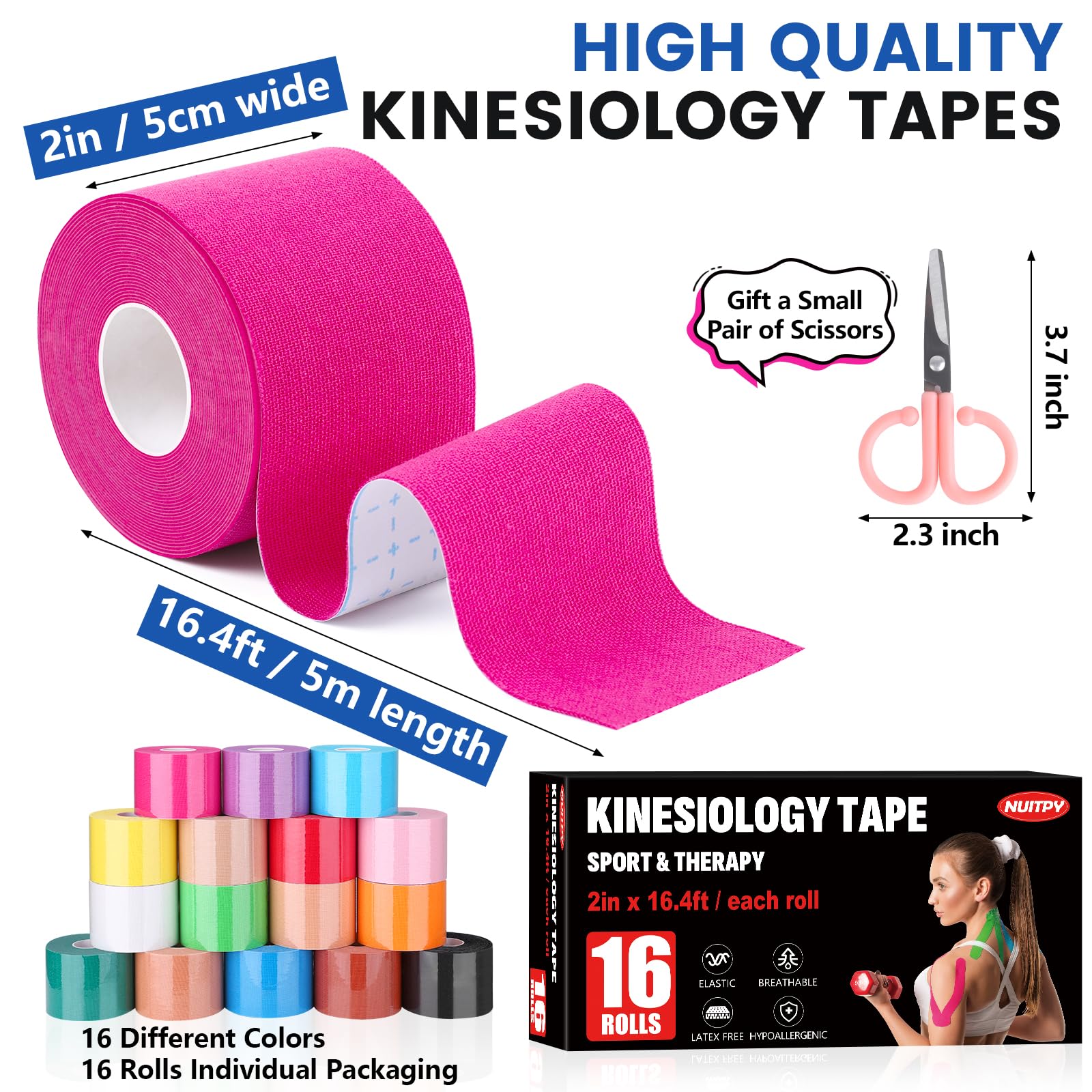 5 Rolls Kinesiology Tape, 2 inch x 16.4 Feet Waterproof Athletic Tape, Uncut Kinetic Tape, Muscle Tape, Sports Tape, Knee Tape for Exercise and Daily Use - Black