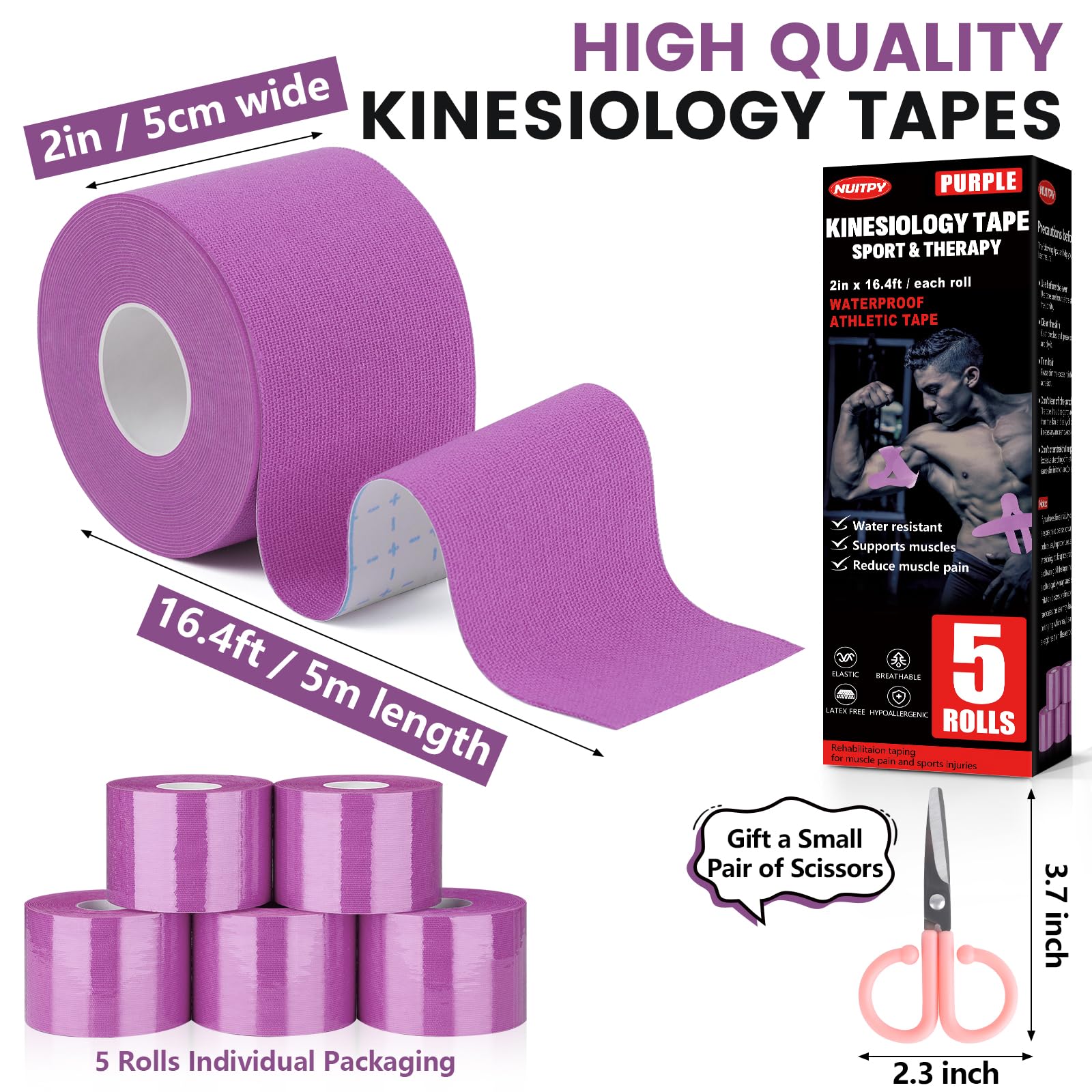 5 Rolls Kinesiology Tape, 2 inch x 16.4 Feet Waterproof Athletic Tape, Uncut Kinetic Tape, Muscle Tape, Sports Tape, Knee Tape for Exercise and Daily Use - Black