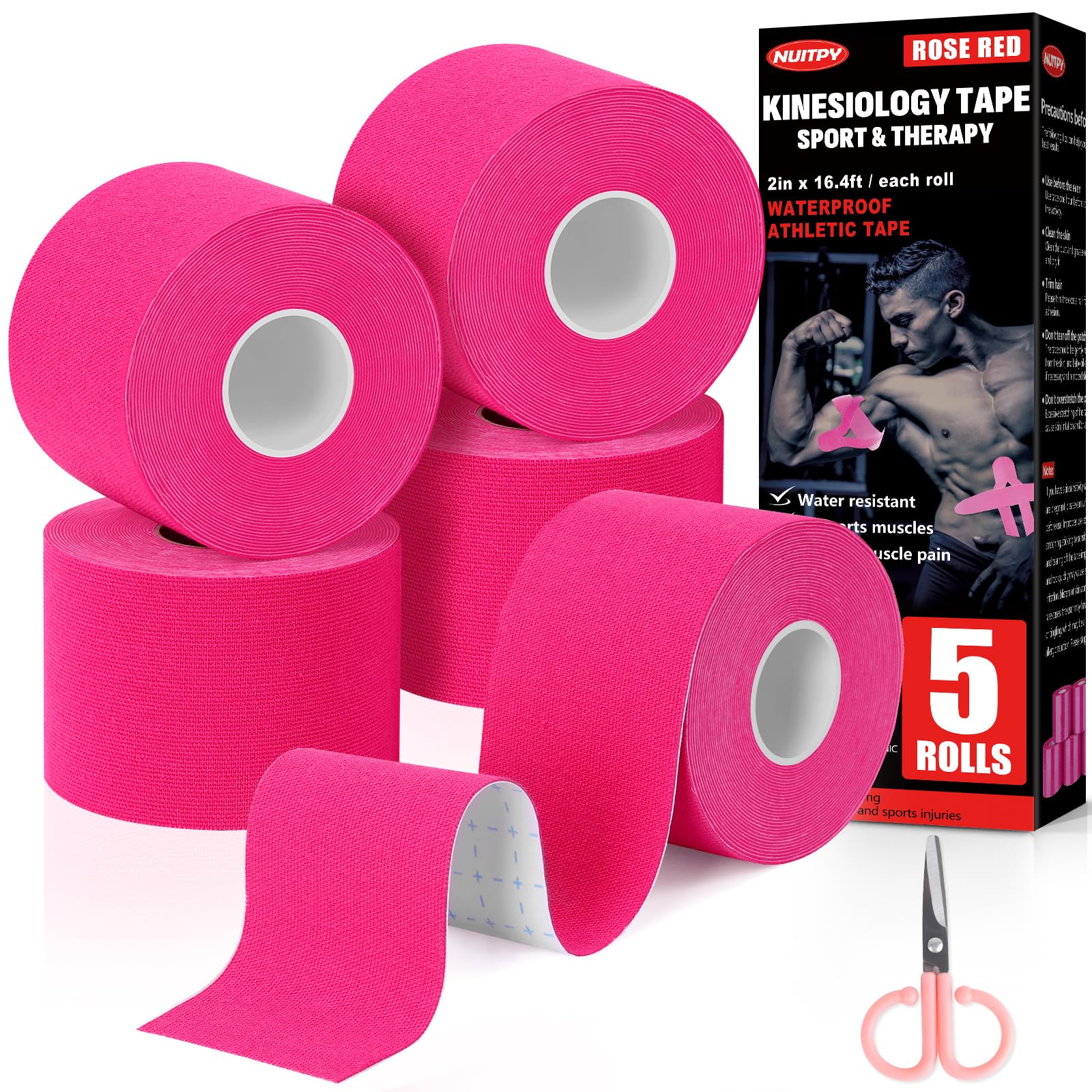 5 Rolls Kinesiology Tape, 2 inch x 16.4 Feet Waterproof Athletic Tape, Uncut Kinetic Tape, Muscle Tape, Sports Tape, Knee Tape for Exercise and Daily Use - Black