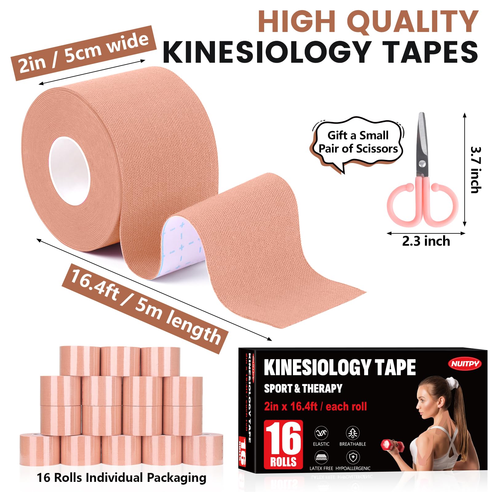 5 Rolls Kinesiology Tape, 2 inch x 16.4 Feet Waterproof Athletic Tape, Uncut Kinetic Tape, Muscle Tape, Sports Tape, Knee Tape for Exercise and Daily Use - Black
